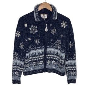 Tiara Blue Knit Beaded Snowflake Ramie Sweater Women Size Petite L BLEMISH